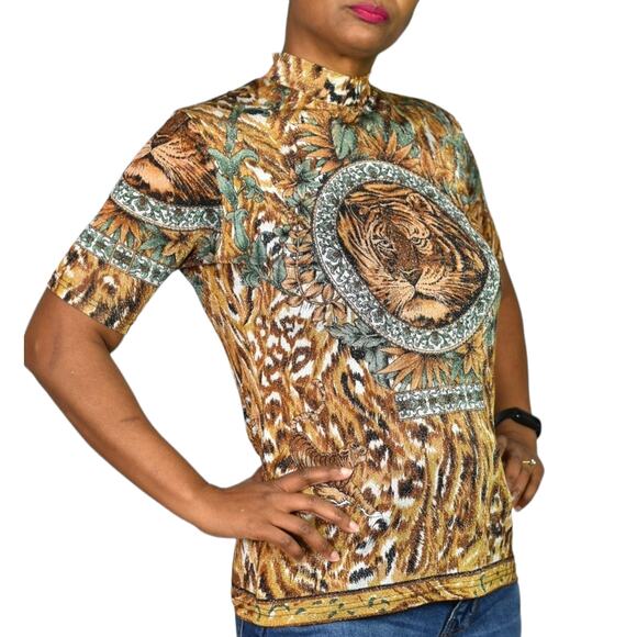 Vintage Lion Portrait Shirt Brown Baroque Jungle Top Shimmer Sheer Knit Small - Picture 3 of 15